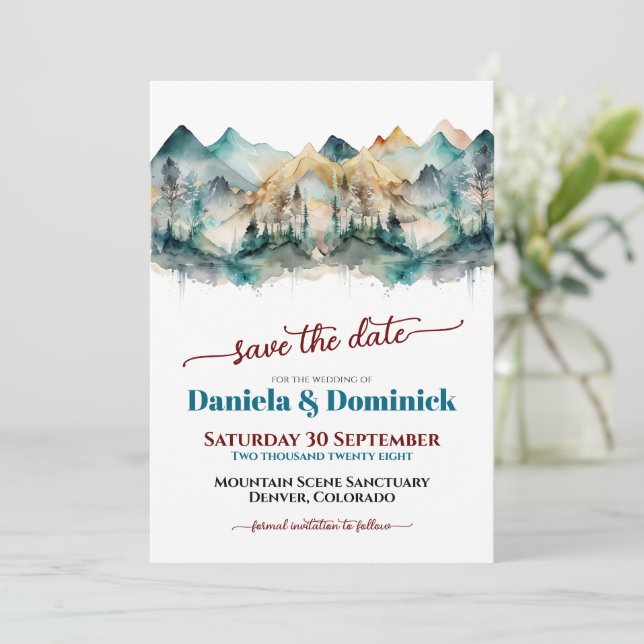Watercolor Teal Mountain Wedding Save the Date Invitation (Standing Front)