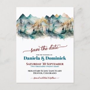 Watercolor Teal Mountain Wedding Save the Date Postcard