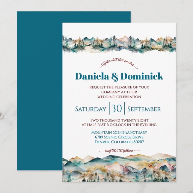 Watercolor Teal Orange Mountain Wedding Invitation (Front/Back)
