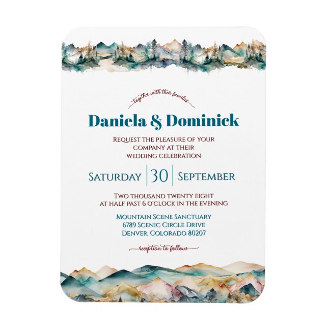 Watercolor Teal Orange Mountain Wedding Invitation Magnet (Vertical)