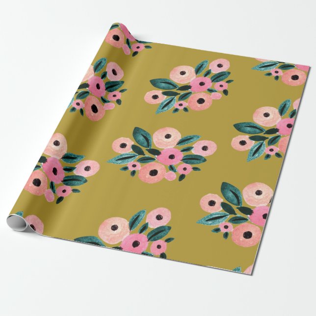 Watercolor Teal, Pink and Gold Floral Wrapping Paper (Unrolled)