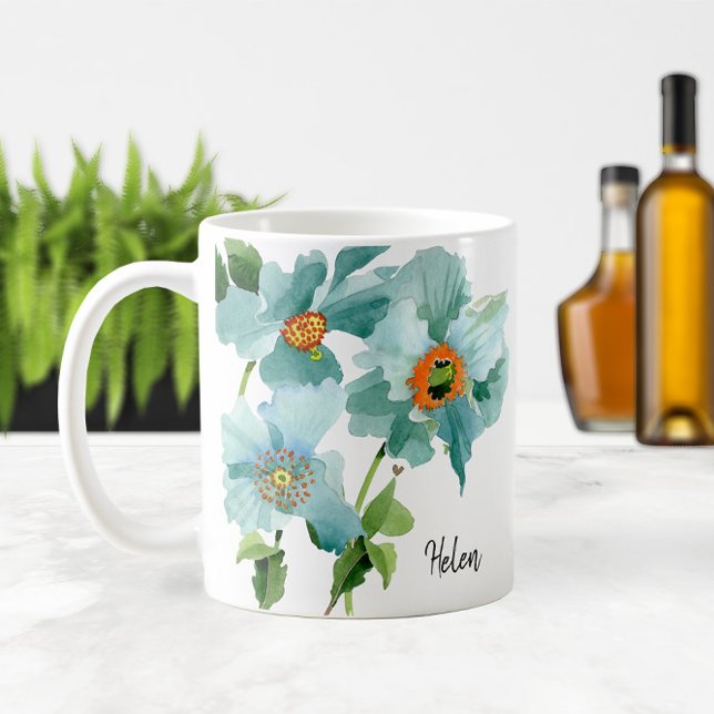 💦 Watercolor Teal Poppies Name or Monogram Coffee Mug (💦 Watercolor Teal Poppies Name or Monogram Coffee Mug
)