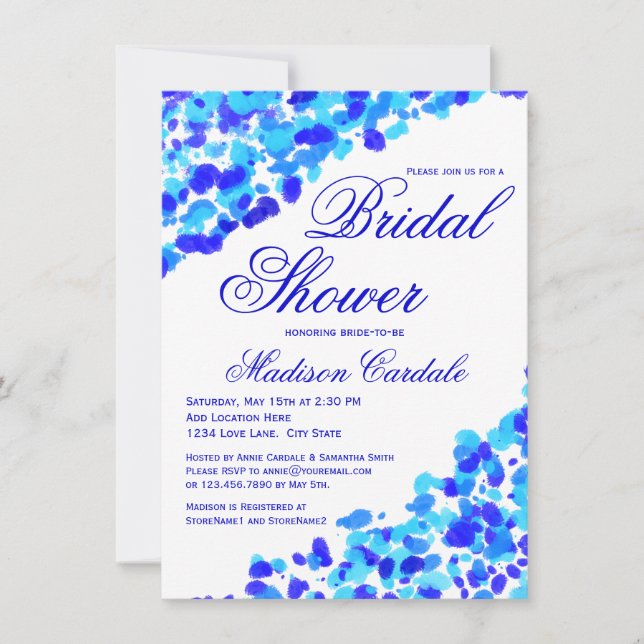 Watercolor Teal Royal Blue Bridal Shower Invites (Front)