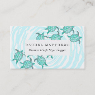 Watercolor Teal Sea Turtles on Swirly Stripes Business Card