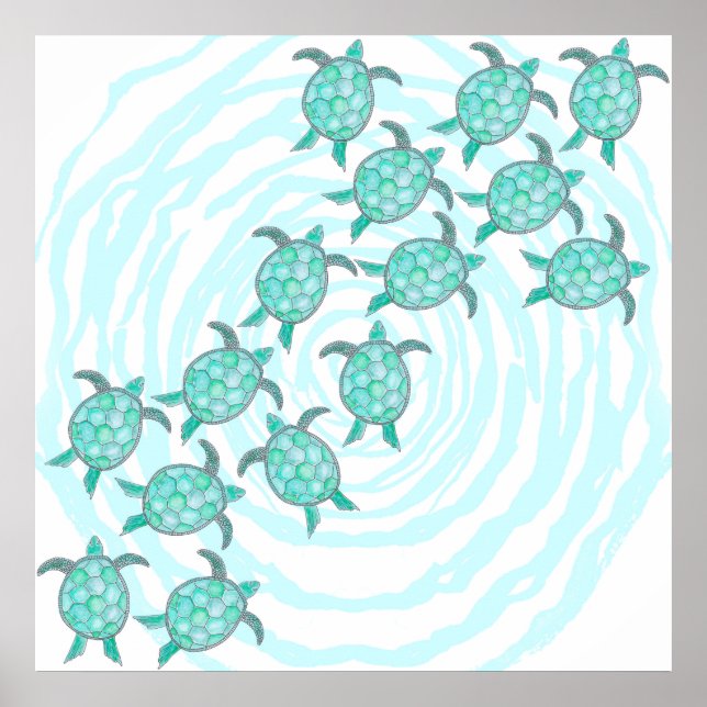 Watercolor Teal Sea Turtles on Swirly Stripes Poster (Front)