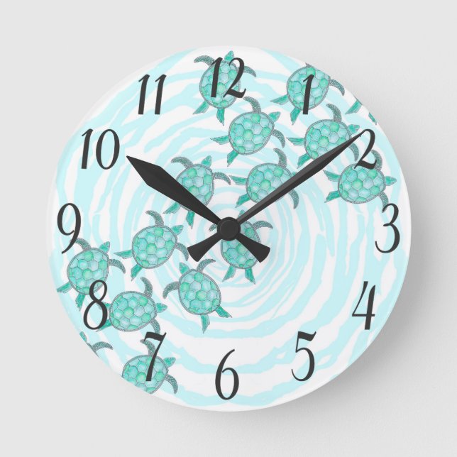 Watercolor Teal Sea Turtles on Swirly Stripes Round Clock (Front)