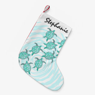 Watercolor Teal Sea Turtles on Swirly Stripes Small Christmas Stocking