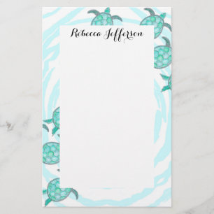 Watercolor Teal Sea Turtles on Swirly Stripes Stationery