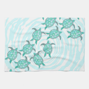 Watercolor Teal Sea Turtles on Swirly Stripes Tea Towel