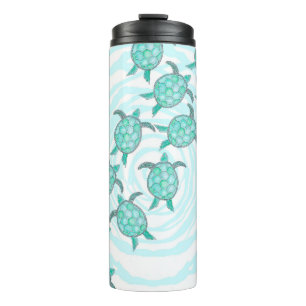 Watercolor Teal Sea Turtles on Swirly Stripes Thermal Tumbler