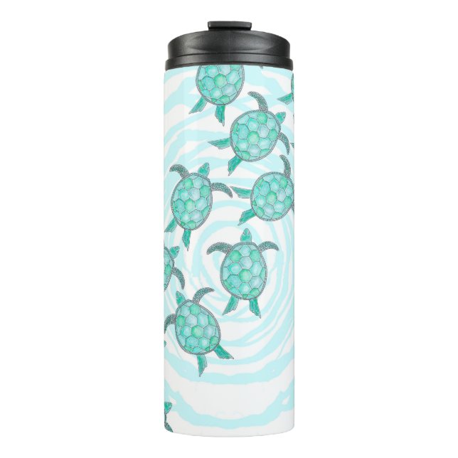 Watercolor Teal Sea Turtles on Swirly Stripes Thermal Tumbler (Front)