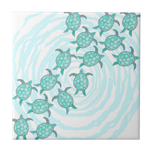 Watercolor Teal Sea Turtles on Swirly Stripes Tile (Front)