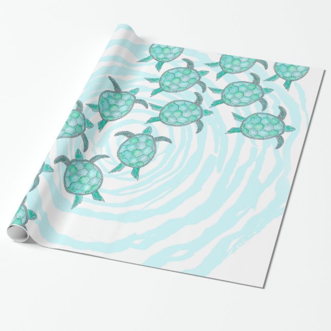 Watercolor Teal Sea Turtles on Swirly Stripes Wrapping Paper (Unrolled)