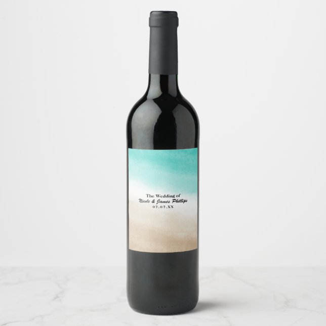 Watercolor Teal & Tan Beach Custom Wine Labels (Front)