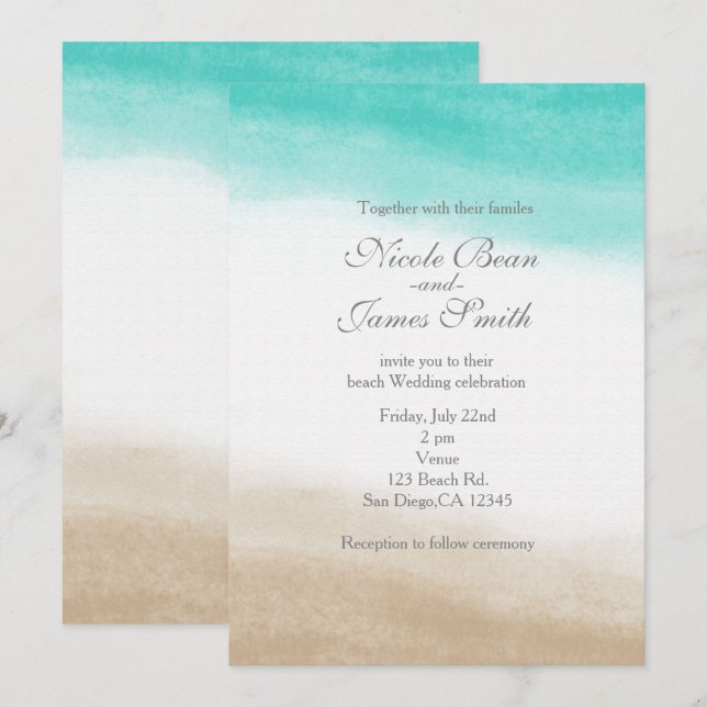 Watercolor Teal & Tan Elegant Beach Wedding Invitation (Front/Back)