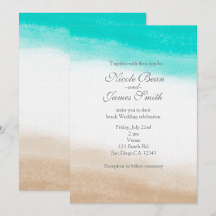 Watercolor Teal & Tan Elegant Beach Wedding Invitation