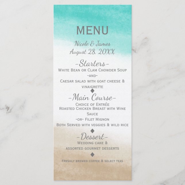 Watercolor Teal & Tan Elegant Beach Wedding Menu (Front)