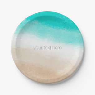 Watercolor Teal & Tan Elegant Beach Wedding Paper Plate