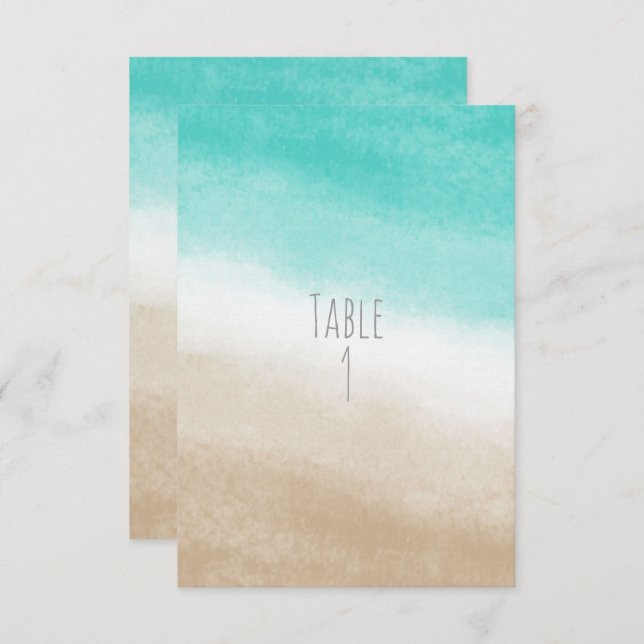 Watercolor Teal & Tan Elegant Beach Wedding Table Invitation (Front/Back)