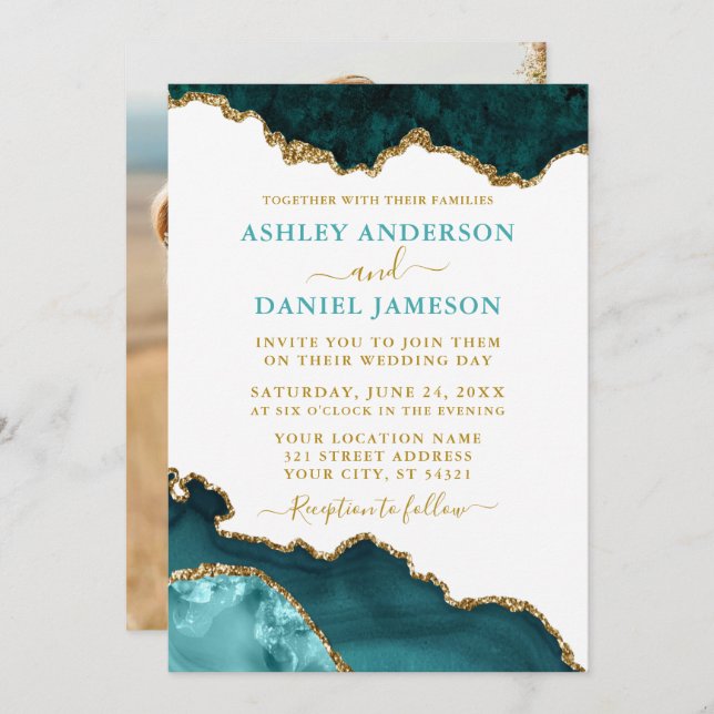 Watercolor Teal White Gold Geode Marble Photo Invitation (Front/Back)