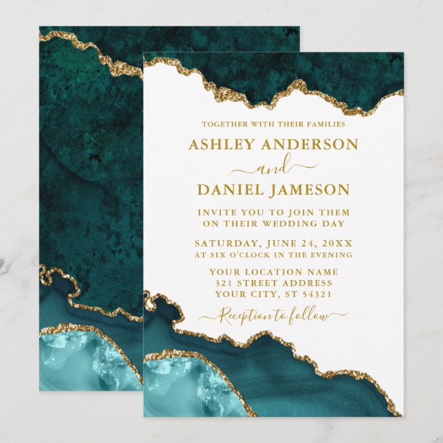 Watercolor Teal White Gold Marble Geode Wedding Invitation (Front/Back)