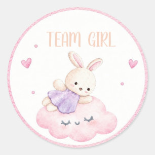 Watercolor Team Girl Bunny Pink Cloud GenderReveal Classic Round Sticker