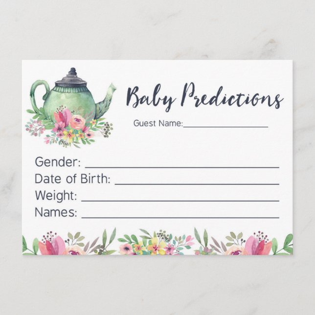 Watercolor Teapot Baby Predictions Card (Front)