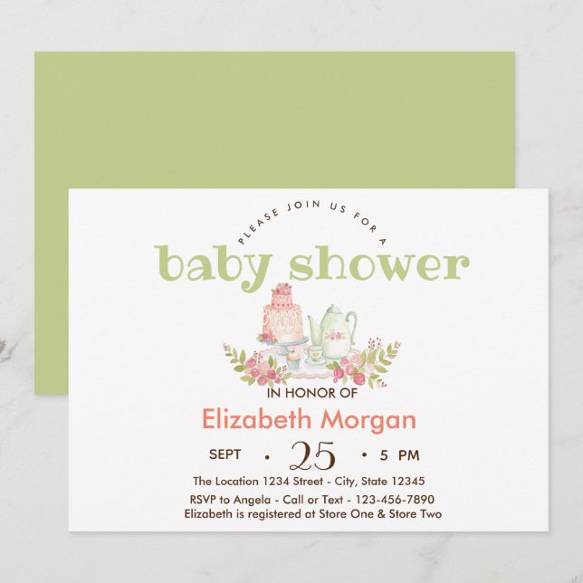 Watercolor Teapot Flowers Baby Shower Invitation (Front/Back)