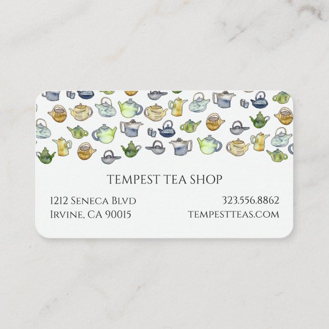 Watercolor Teapot Pattern Quaint Elegant Tea Shop  Business Card (Back)