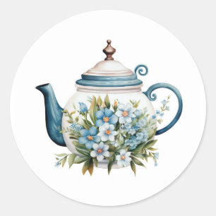 Watercolor Teapot with white Blue Floral Classic Classic Round Sticker