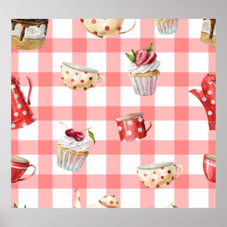 Watercolor Teapots: Cupcakes Seamless Pattern Poster