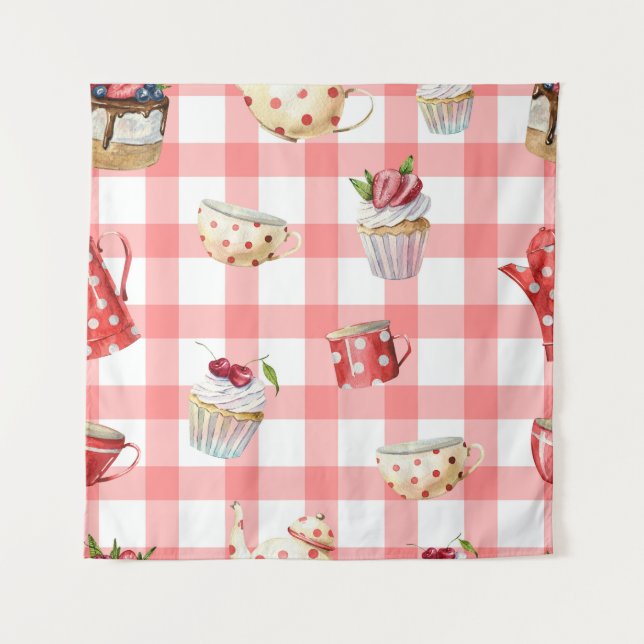 Watercolor Teapots: Cupcakes Seamless Pattern Tapestry (Front)
