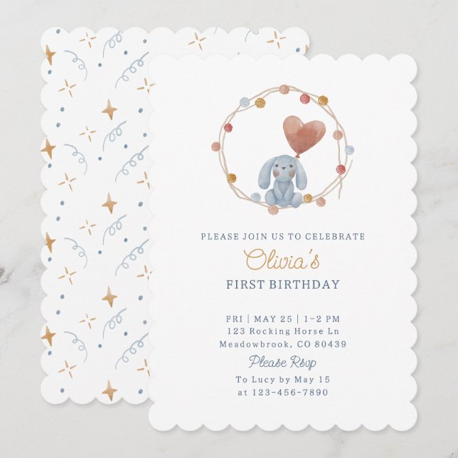 Watercolor, teddy and pom-poms, kids birdthday  invitation (Front/Back)