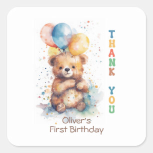 Watercolor Teddy Bear 1st Birthday Thank You Square Sticker
