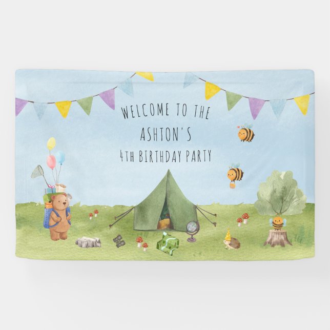 Watercolor Teddy Bear, Adventure  birthday welcome Banner (Horizontal)