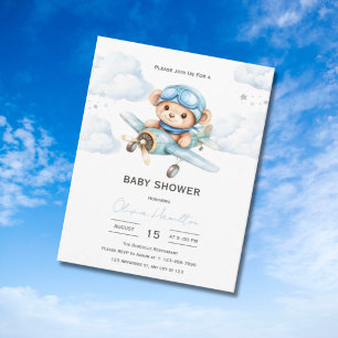 Watercolor Teddy Bear Aeroplane Baby Shower Invitation