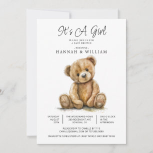 Watercolor Teddy Bear Baby Girl Shower Invitation