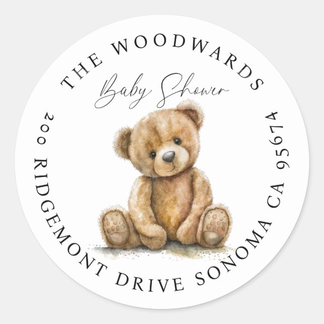 Watercolor Teddy Bear Baby Shower Address Labels (Front)