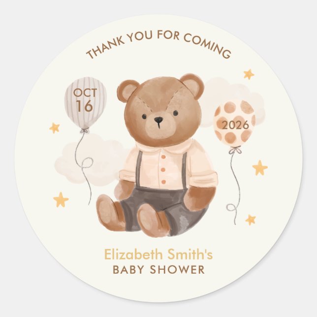 Watercolor Teddy Bear Baby Shower Classic Round Sticker (Front)