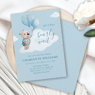 Watercolor Teddy Bear Baby Shower Gold & Blue Invitation