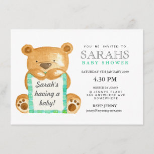 Watercolor Teddy Bear Baby Shower Invite