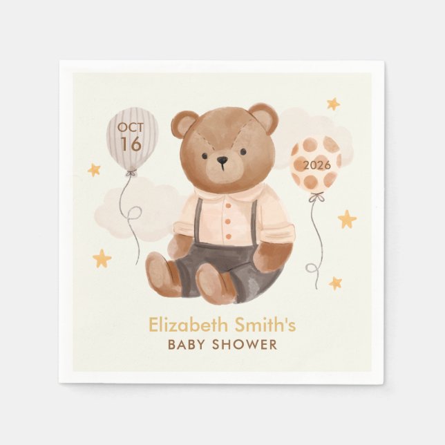 Watercolor Teddy Bear Baby Shower Napkin (Front)