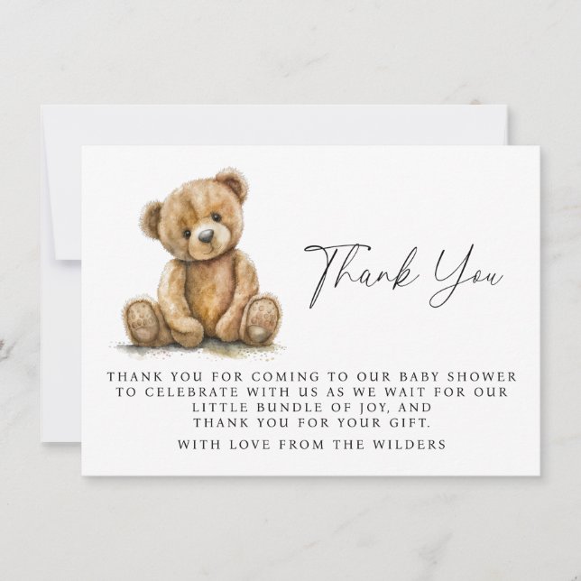 Watercolor Teddy Bear Baby Shower Thank You Card (Front)