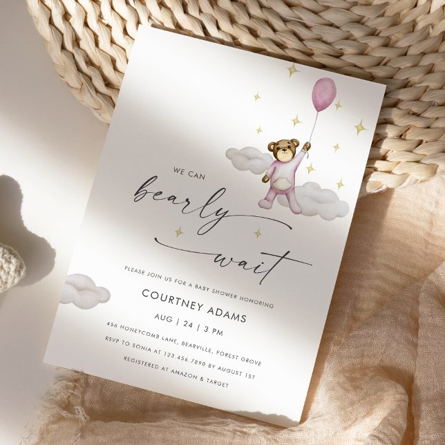 Watercolor Teddy Bear Balloon Pink Baby Shower Invitation (Creator Uploaded)