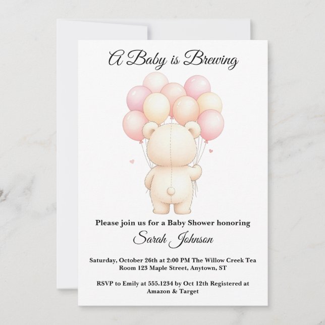 Watercolor Teddy Bear Balloons Baby Shower Invitat Invitation (Front)