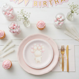 Watercolor Teddy Bear Balloons Baby Shower Paper Plate