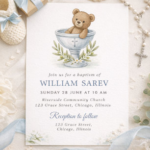 Watercolor Teddy Bear Baptism Invitation