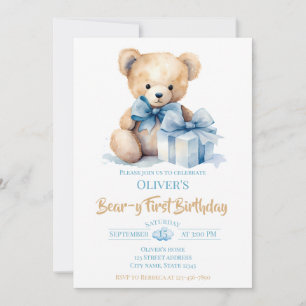 Watercolor Teddy Bear Bear-y First Birthday Party Invitation