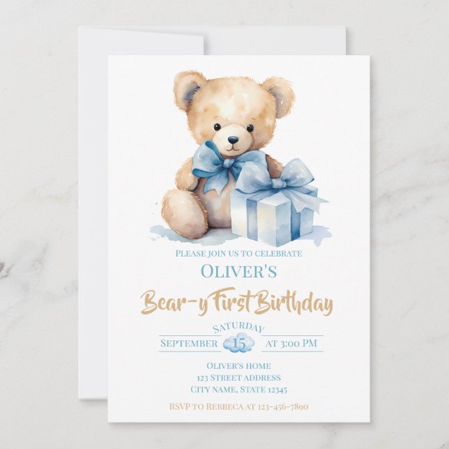 Watercolor Teddy Bear Bear-y First Birthday Party Invitation (Front)