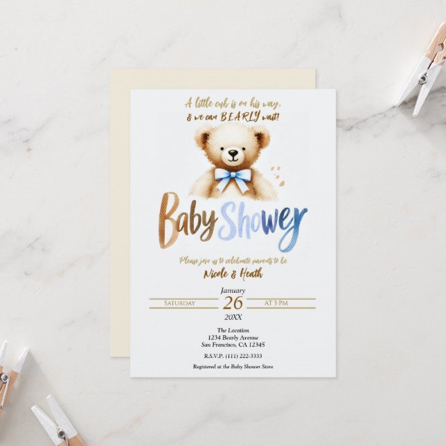 Watercolor Teddy Bear Bearly Blue Baby Shower  Invitation (Front/Back In Situ)